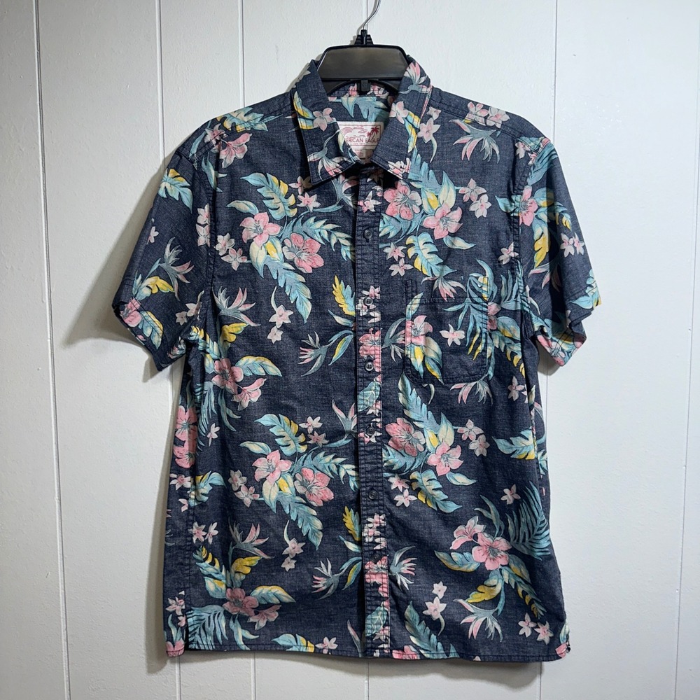 American Eagle Mens Floral Tropical Short Sleeve Button Down Shirt Navy Blue M